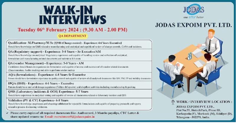 Jodas Expoim - Walk-In Interview for Quality Assurance Department - Multiple Opening on 6th Feb 2024